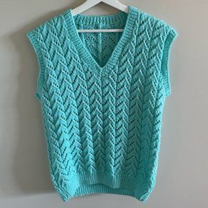 Vintage Hand Knit Turqoise Blue Swearer Vest Size Large